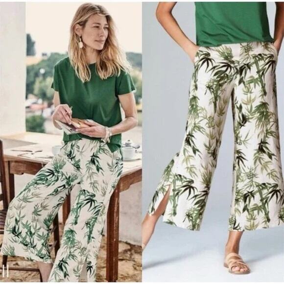 NWT J. Jill Linen Blend Barley Palm Bamboo Tropical Wide Leg Cropped Pants LP - Picture 2 of 15